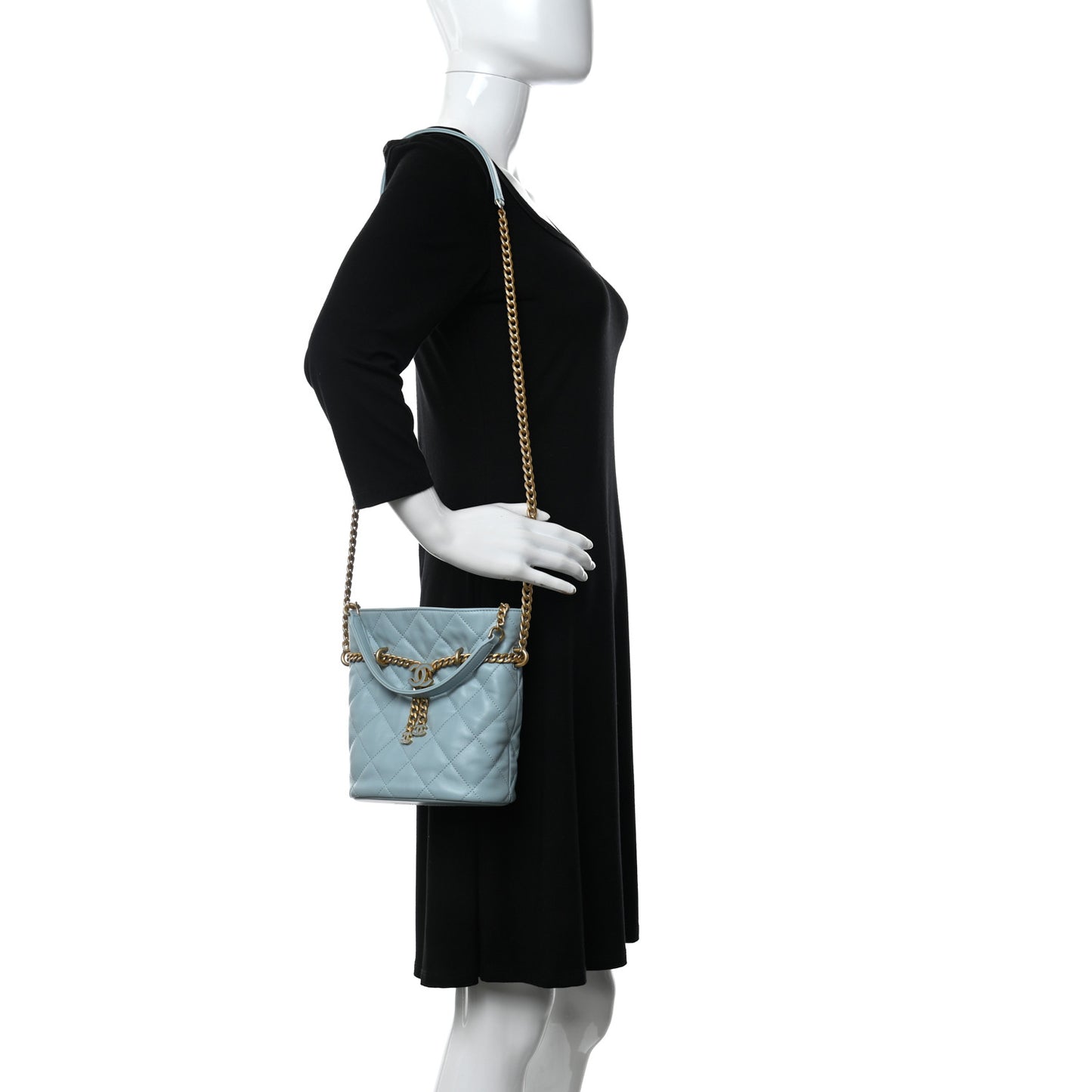 Lambskin Enamel Quilted Pending CC Mini Bucket Bag Light Blue