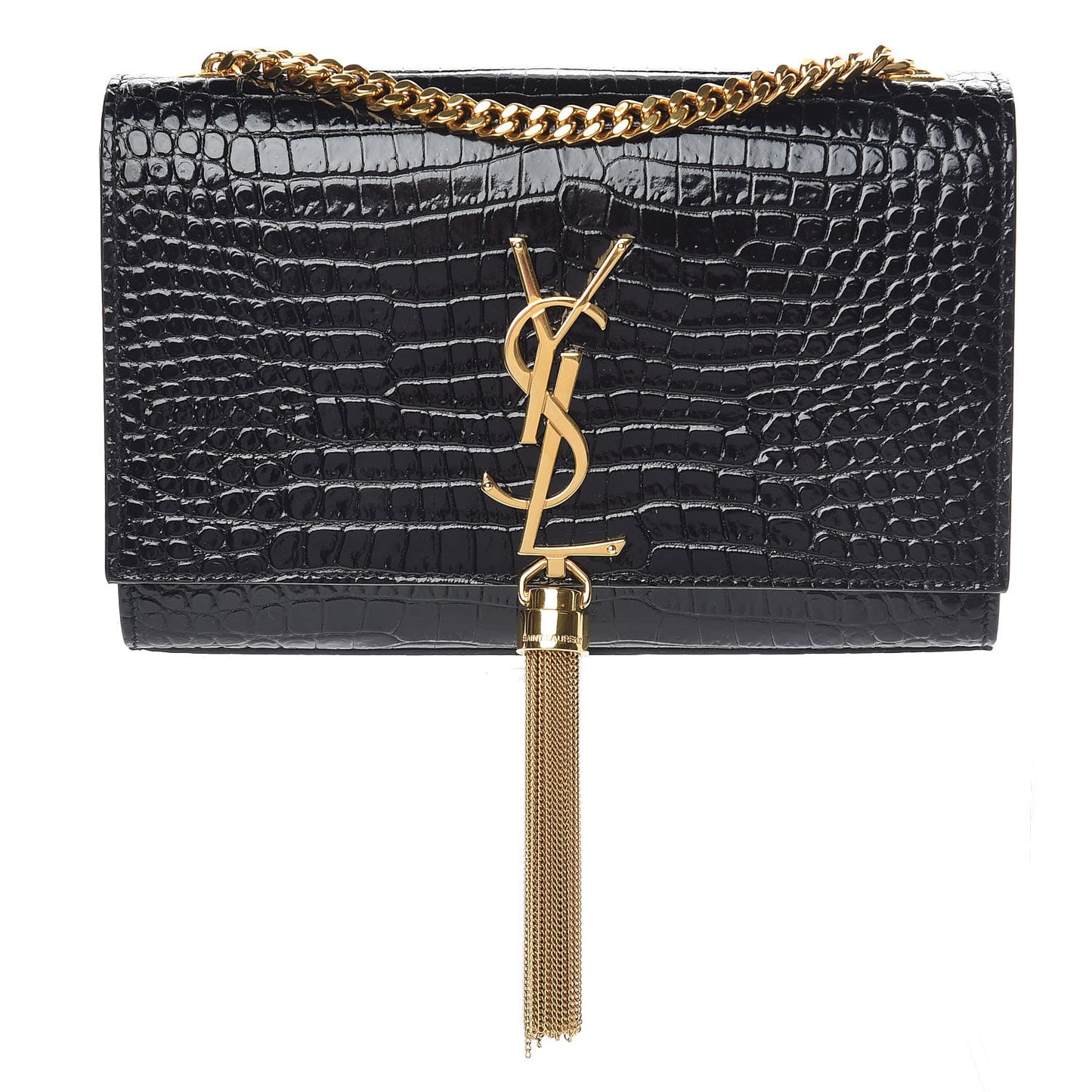 Calfskin Crocodile Embossed Small Classic Monogram Kate Tassel Satchel Black