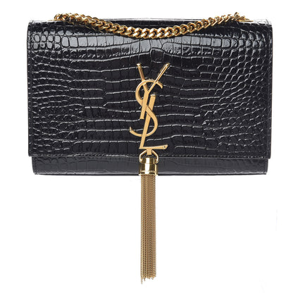 Saint Laurent Calfskin Crocodile Embossed Small Classic Monogram Kate Tassel Satchel Black 1 of 10