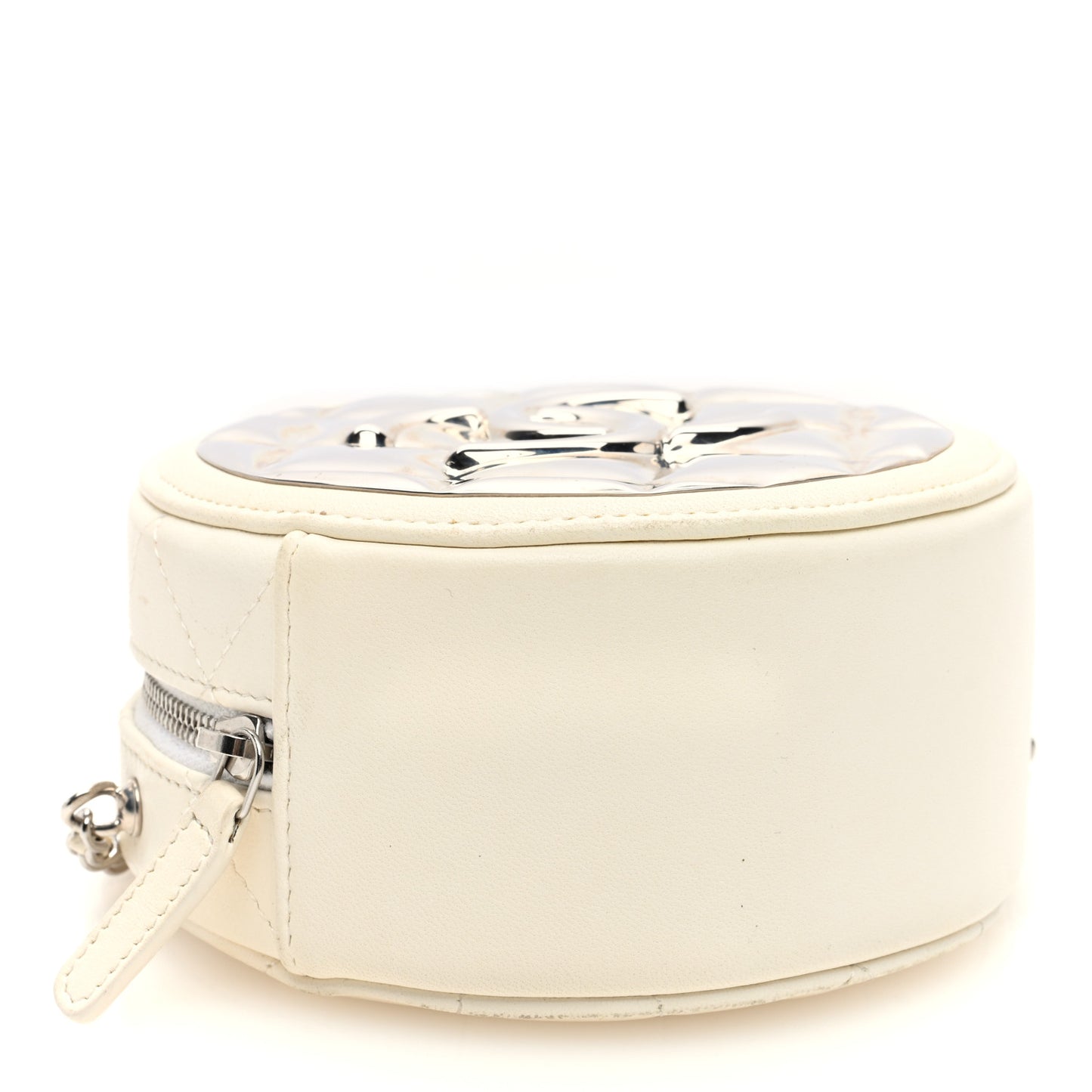Lambskin Metal Quilted Round Clutch With Chain White Silver