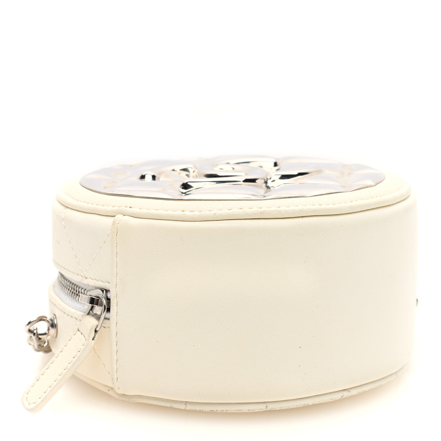Chanel Lambskin Metal Quilted Round Clutch With Chain White Silver 4 of 10