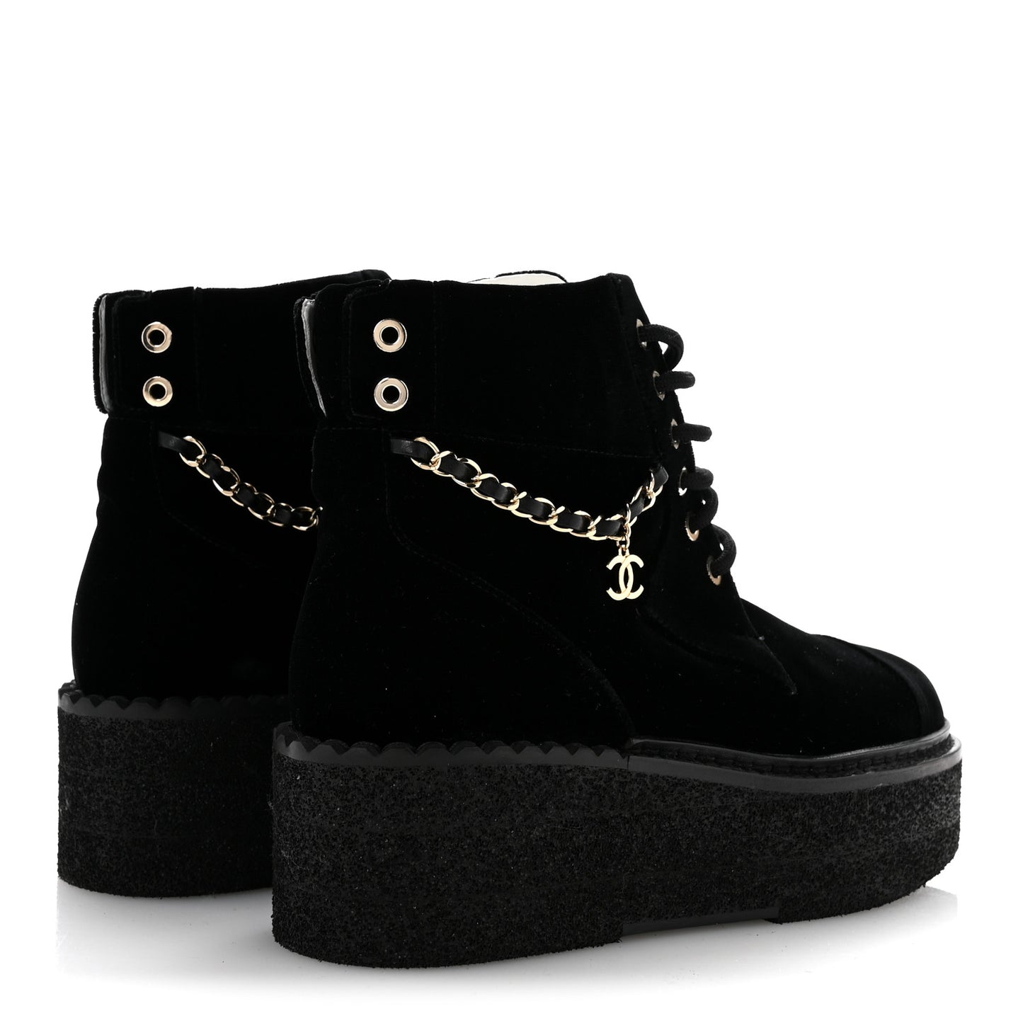 Velvet Chain Lace Up CC Short Boots 35.5 Black