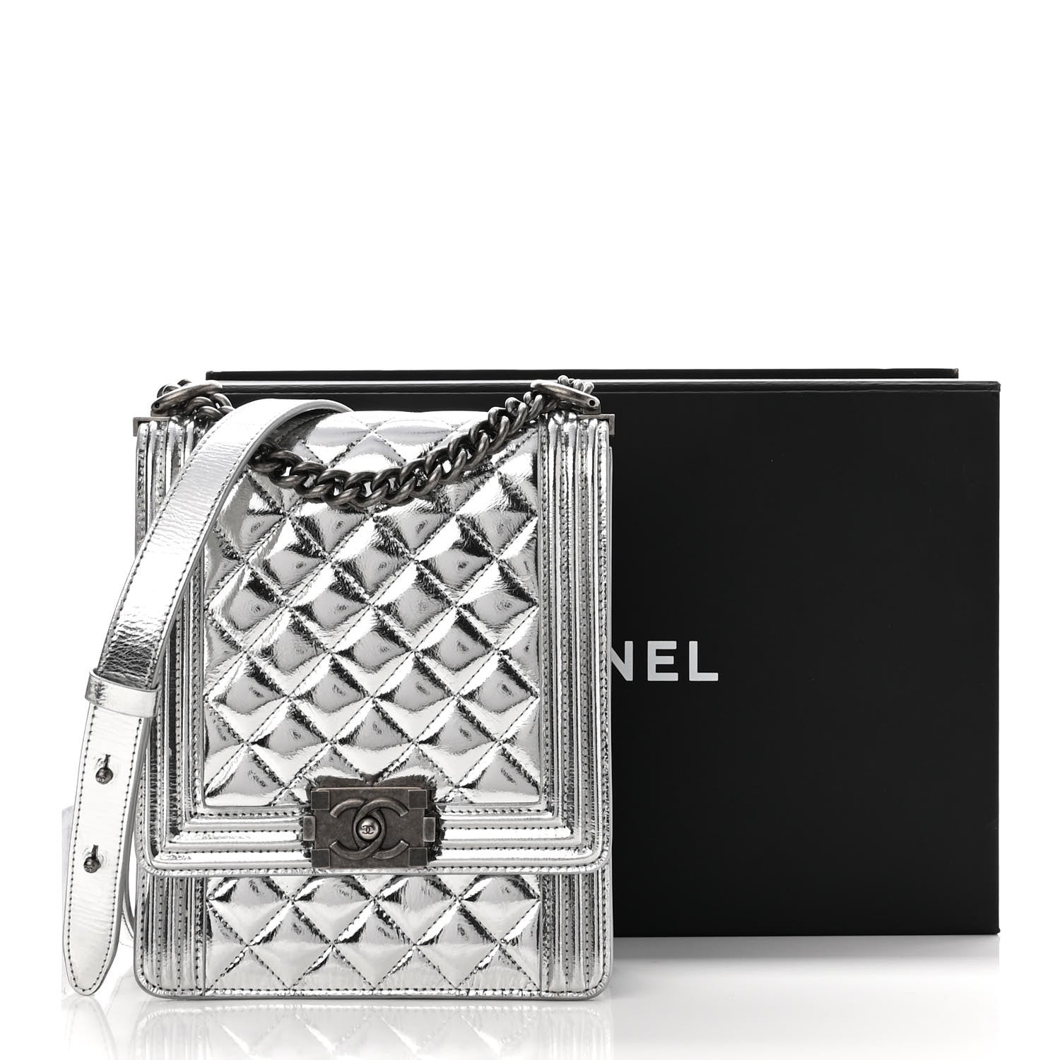 Chanel Metallic Goatskin Quilted North South Boy Flap Silver 11 of 11
