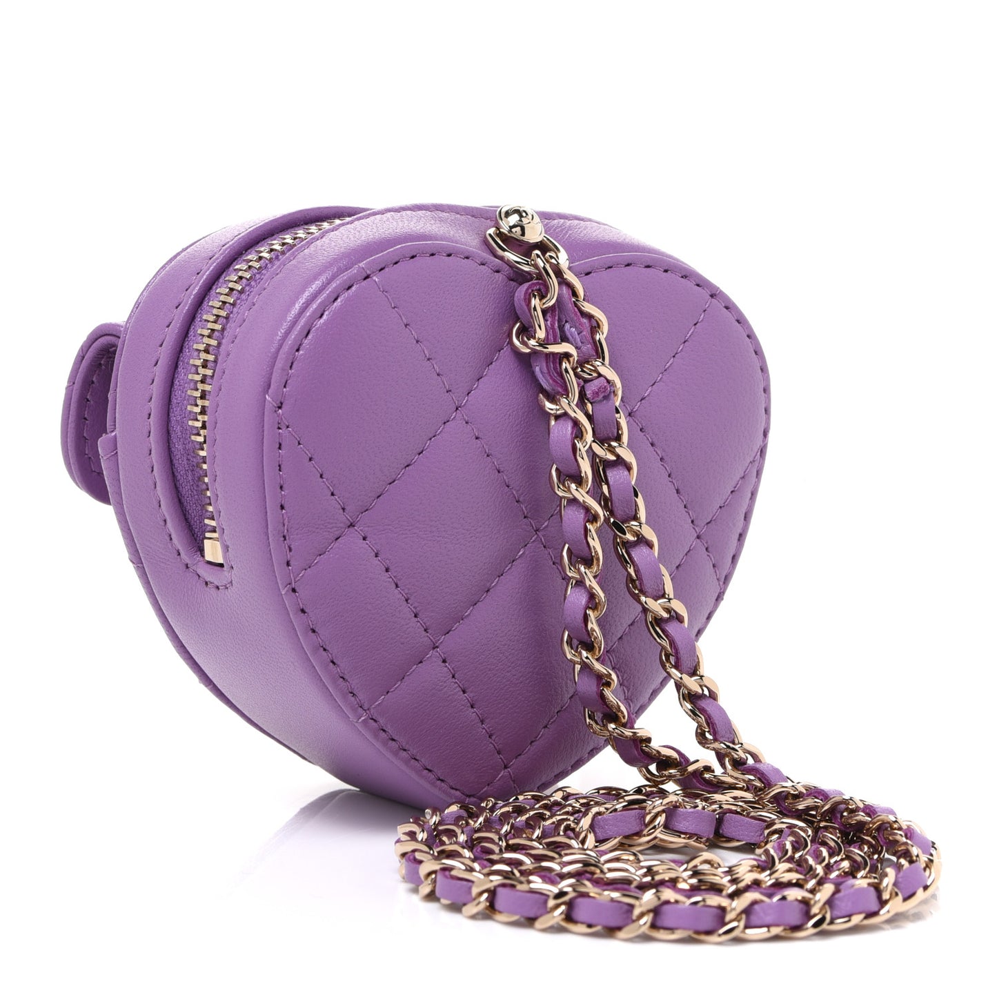 Lambskin Quilted CC In Love Heart Coin Purse With Chain Purple