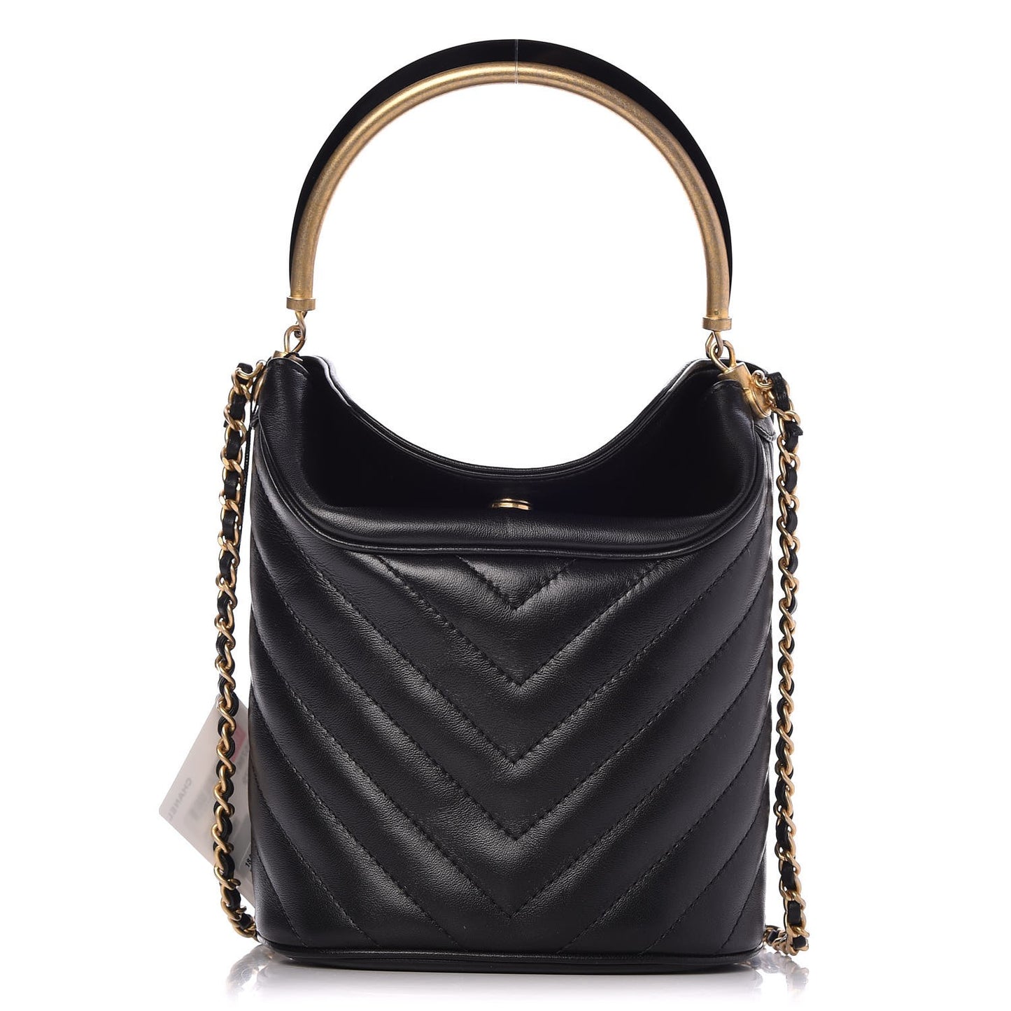 Lambskin Chevron Quilted Handle With Chic Bucket Bag Black