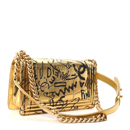 Chanel Metallic Calfskin Crocodile Embossed Graffiti Medium Cocodile Boy Flap Gold 3 of 10