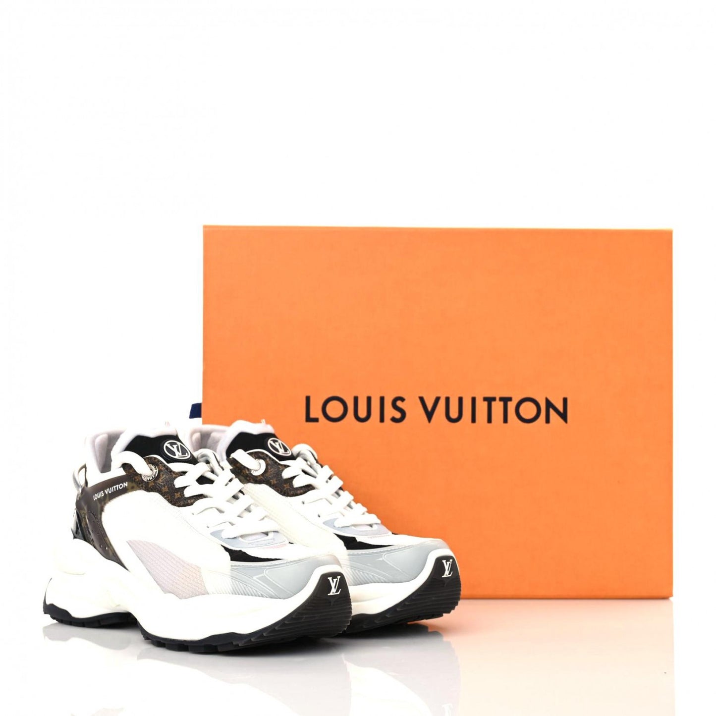 LOUIS VUITTON Monogram Calfskin Run 55 Sneakers 37.5 White