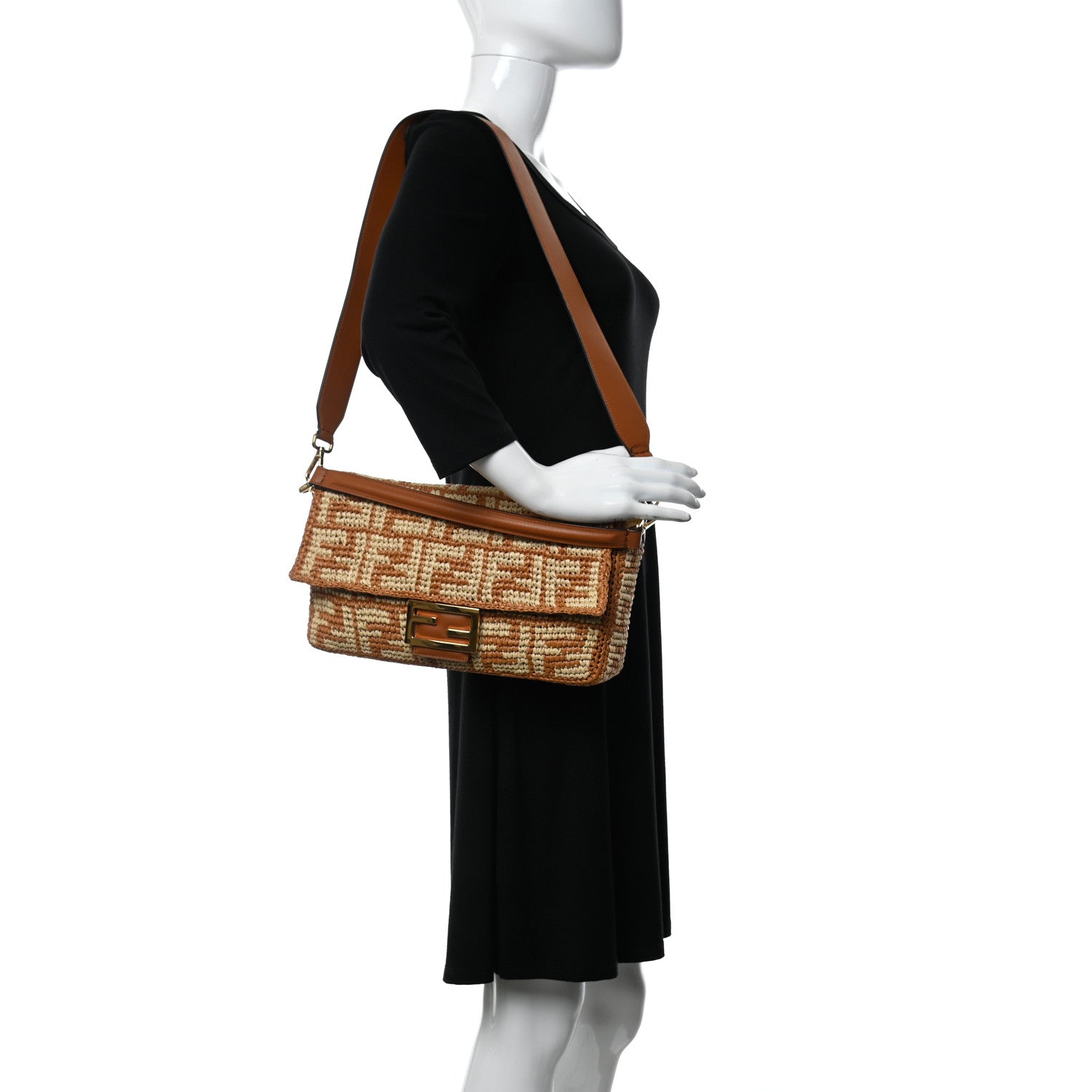 Fendi Raffia Vitello Seta FF Woven Large Baguette Brick Natural 2 of 9
