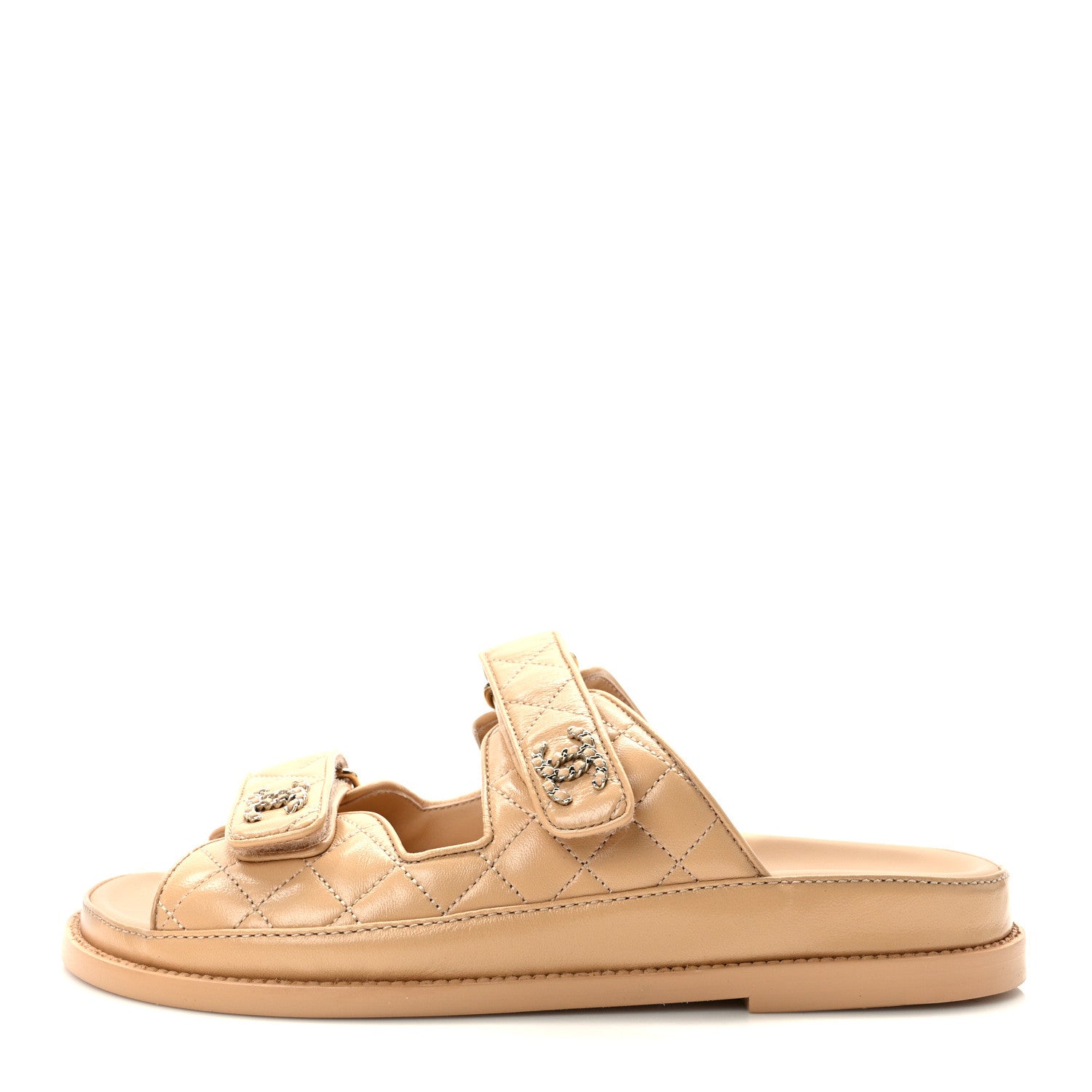 Chanel Lambskin Quilted Velcro Dad Chain CC Slide Sandals 38.5 Beige 1 of 9