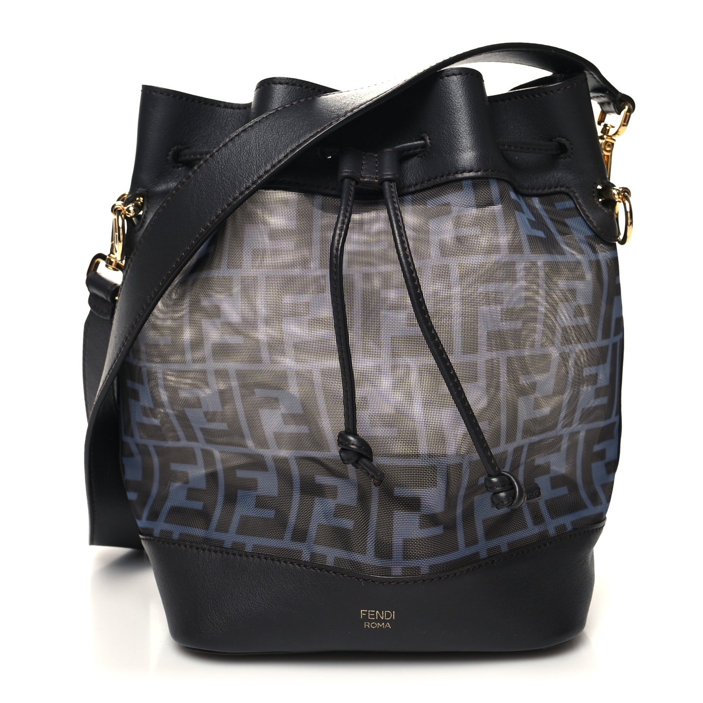 Mesh Vitello Grace F is Fendi FF 1974 Grande Mon Tresor Bucket Bag Azzurro Black Ebano
