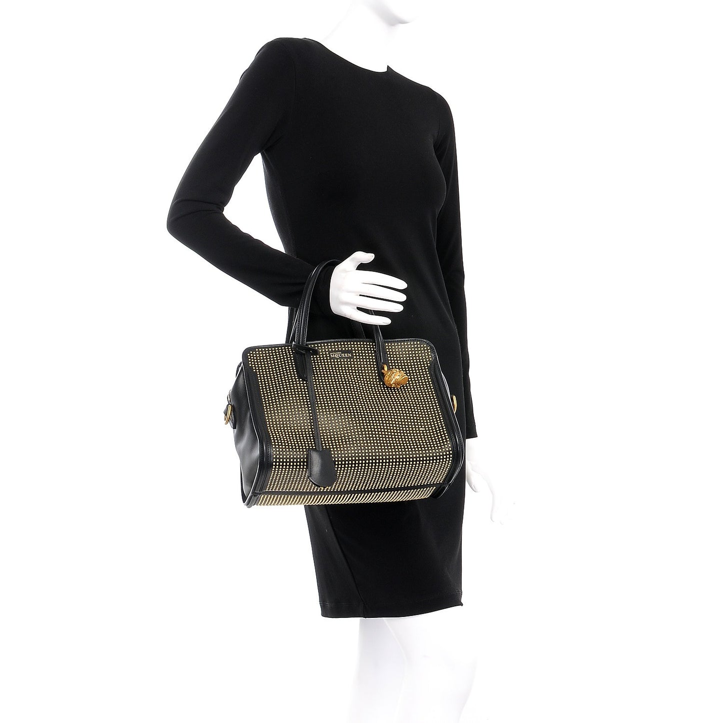 Calfskin Small Studded Padlock Zip Around Tote Black