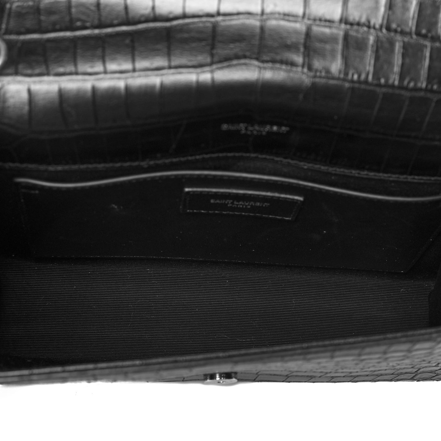 Calfskin Crocodile Embossed Medium Classic Monogram Kate Tassel Satchel Black