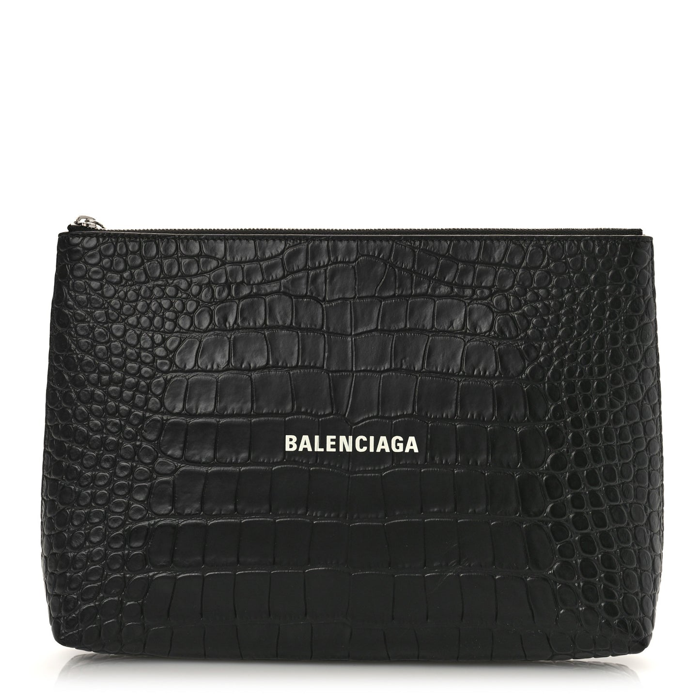Semi Matte Calfskin Logo Crocodile Embossed Cash Gusseted Pouch Black White
