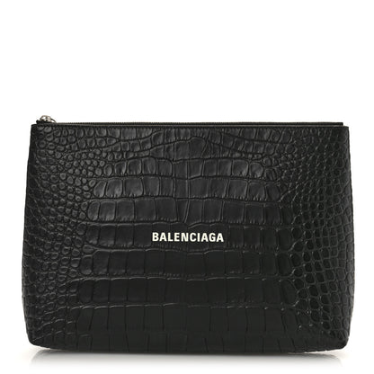 Balenciaga Semi Matte Calfskin Logo Crocodile Embossed Cash Gusseted Pouch Black White 1 of 8