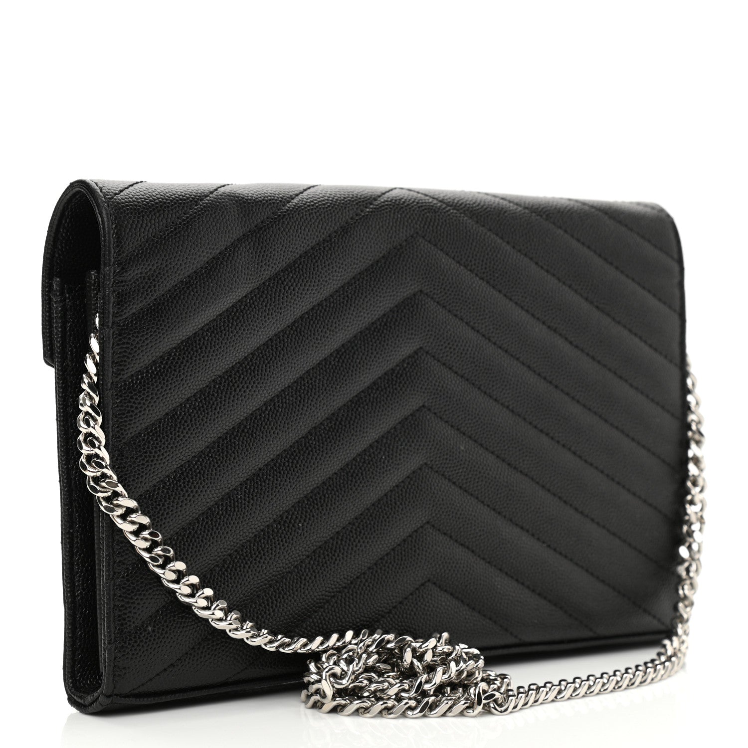 Saint Laurent Grain De Poudre Matelasse Chevron Monogram Chain Wallet Black 3 of 9