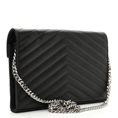 Saint Laurent Grain De Poudre Matelasse Chevron Monogram Chain Wallet Black 3 of 9