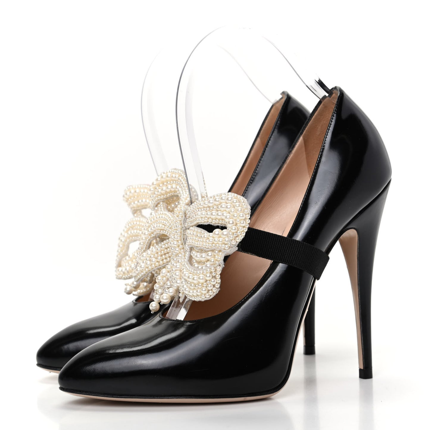 Polished Calfskin Removable Pearly Bow Elaisa Platform High Heel Pumps 37.5 Black