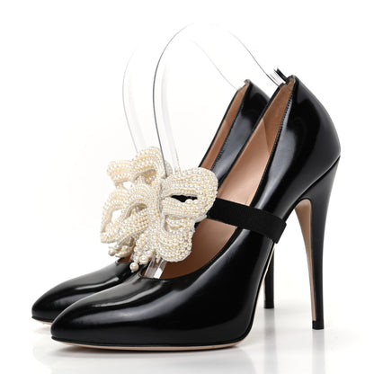 Gucci Polished Calfskin Removable Pearly Bow Elaisa Platform High Heel Pumps 37.5 Black 3 of 9