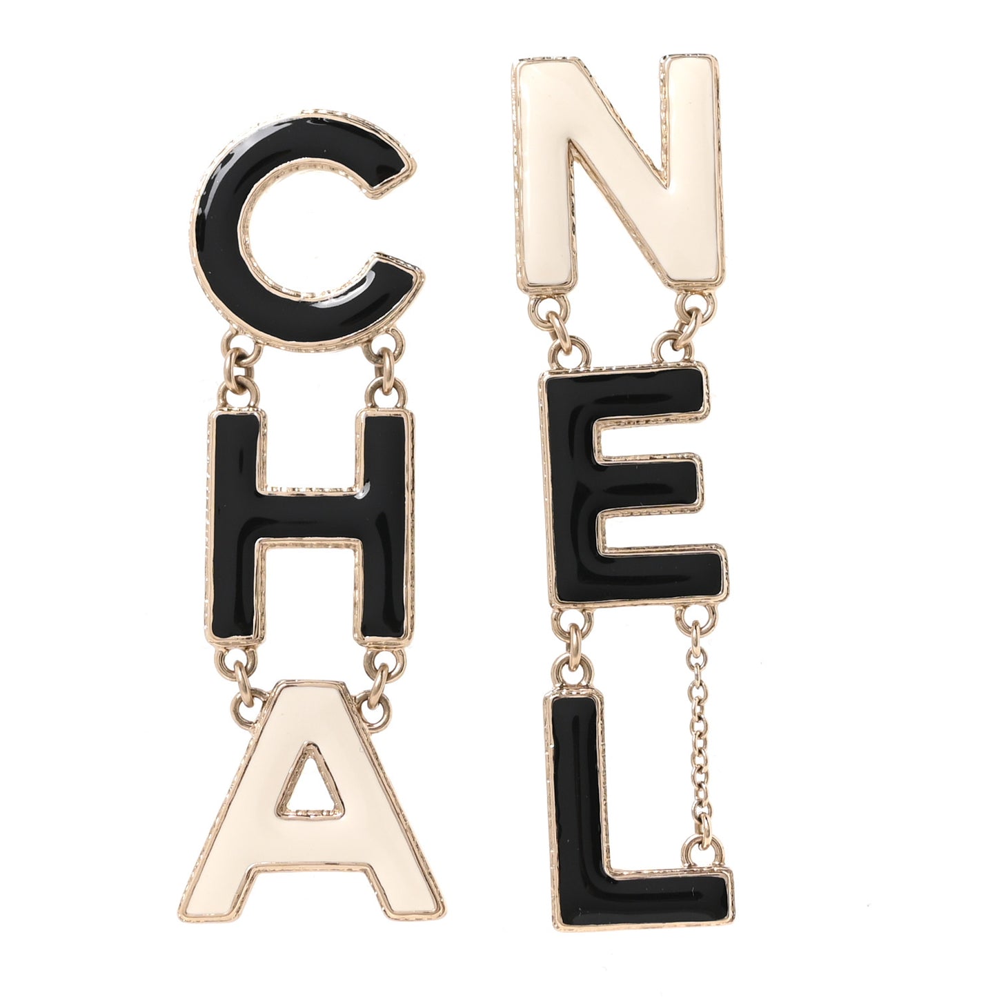 Metal Enamel Cha-Nel Logo Drop Earrings Black White