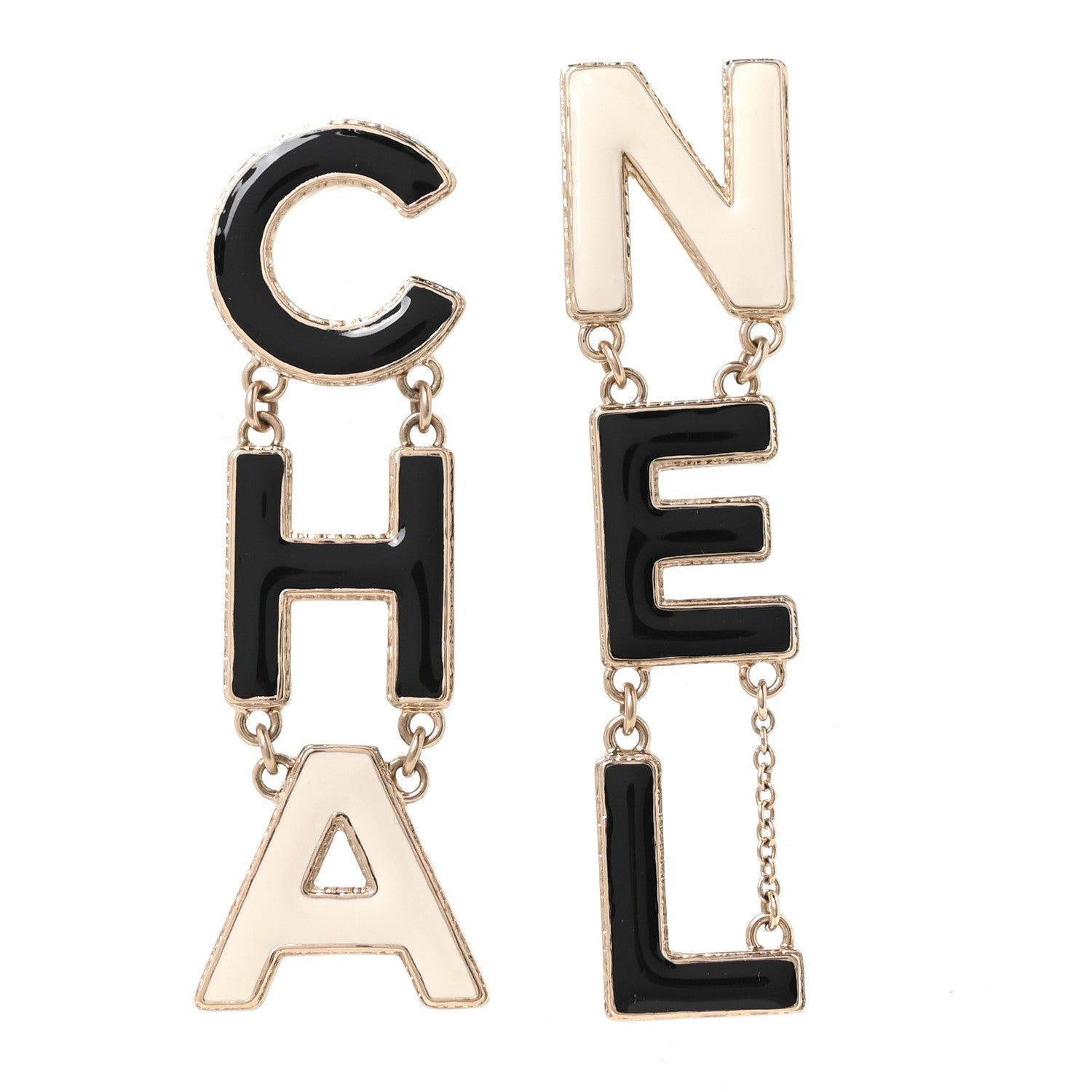 Chanel Metal Enamel Cha-Nel Logo Drop Earrings Black White 1 of 4