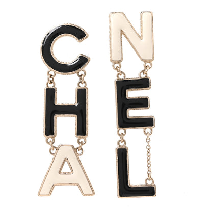 Chanel Metal Enamel Cha-Nel Logo Drop Earrings Black White 1 of 4