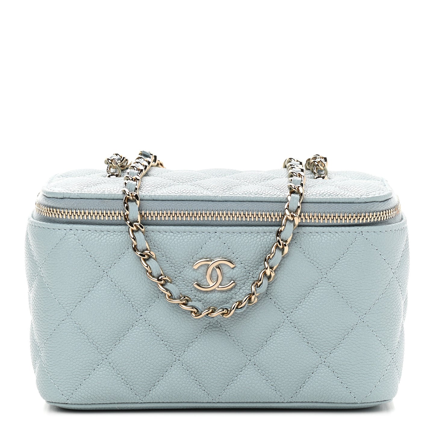 Caviar Quilted Small Tiny CC Vanity Case With Chain Light Blue