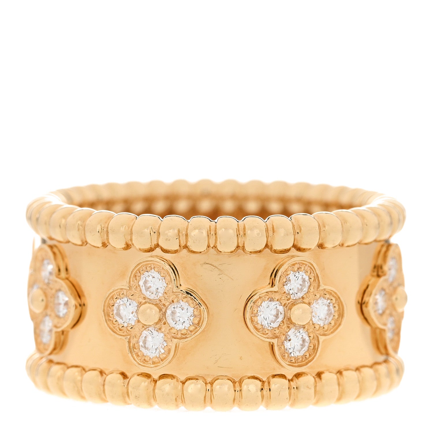 Van Cleef & Arpels 18K Yellow Gold Diamond Perlee Clovers Ring 54 7 1 of 5
