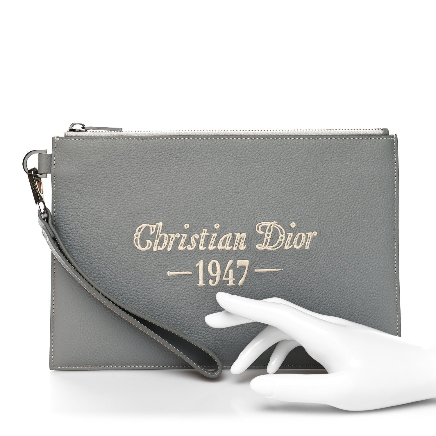 Christian Dior Grained Calfskin 1947 Signature A5 Pouch Grey White 2 of 11