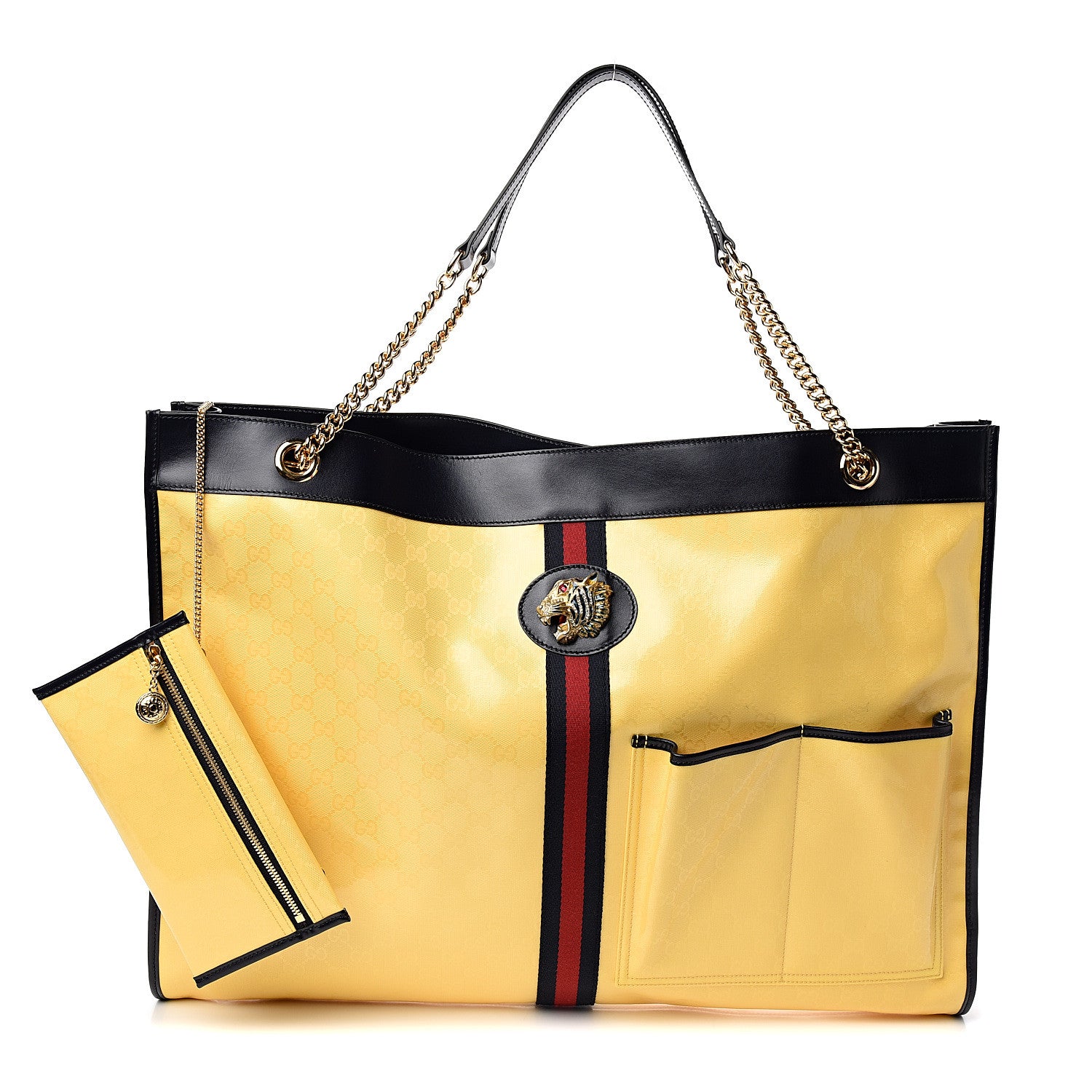 Gucci Crystal Monogram Maxi Rajah Chain Tote Straw Yellow Blue 1 of 10