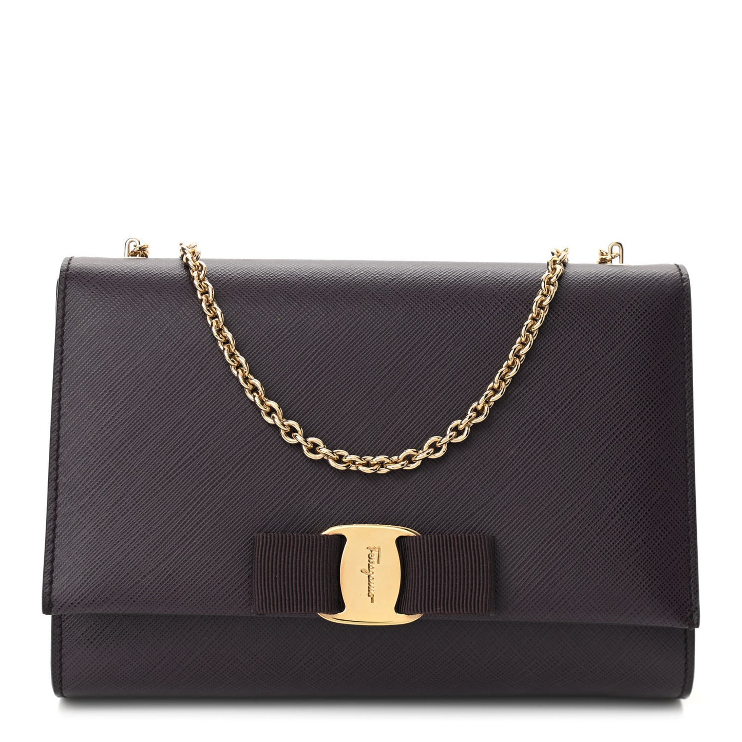 Hammered Calfskin Vara Bow Chain Flap Crossbody Bag Plum