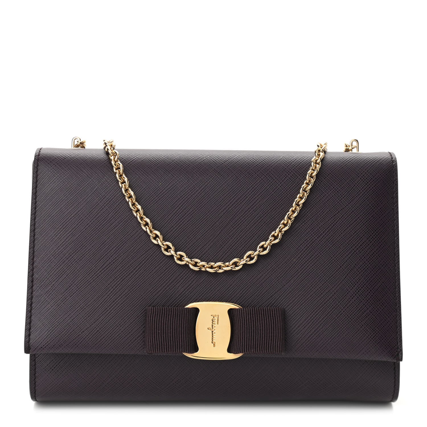 Salvatore Ferragamo Hammered Calfskin Vara Bow Chain Flap Crossbody Bag Plum 1 of 10