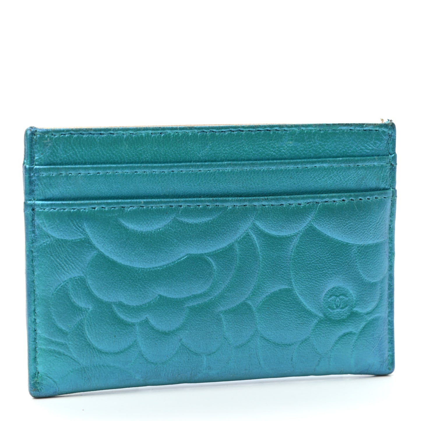 Metallic Lambskin Camellia Embossed Card Holder Turquoise