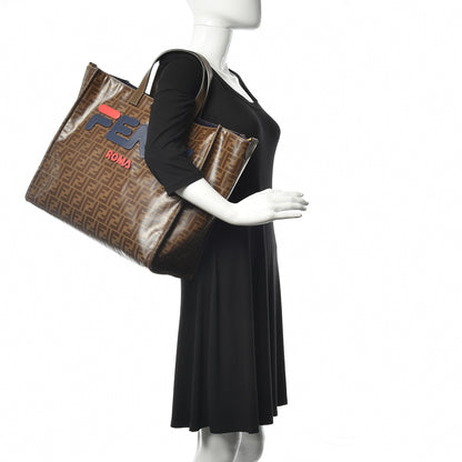Fendi X FILA Glazed Fabric FF 1974 Mania Shopping Tote Bag Mogano Panna Blueberry 2 of 12