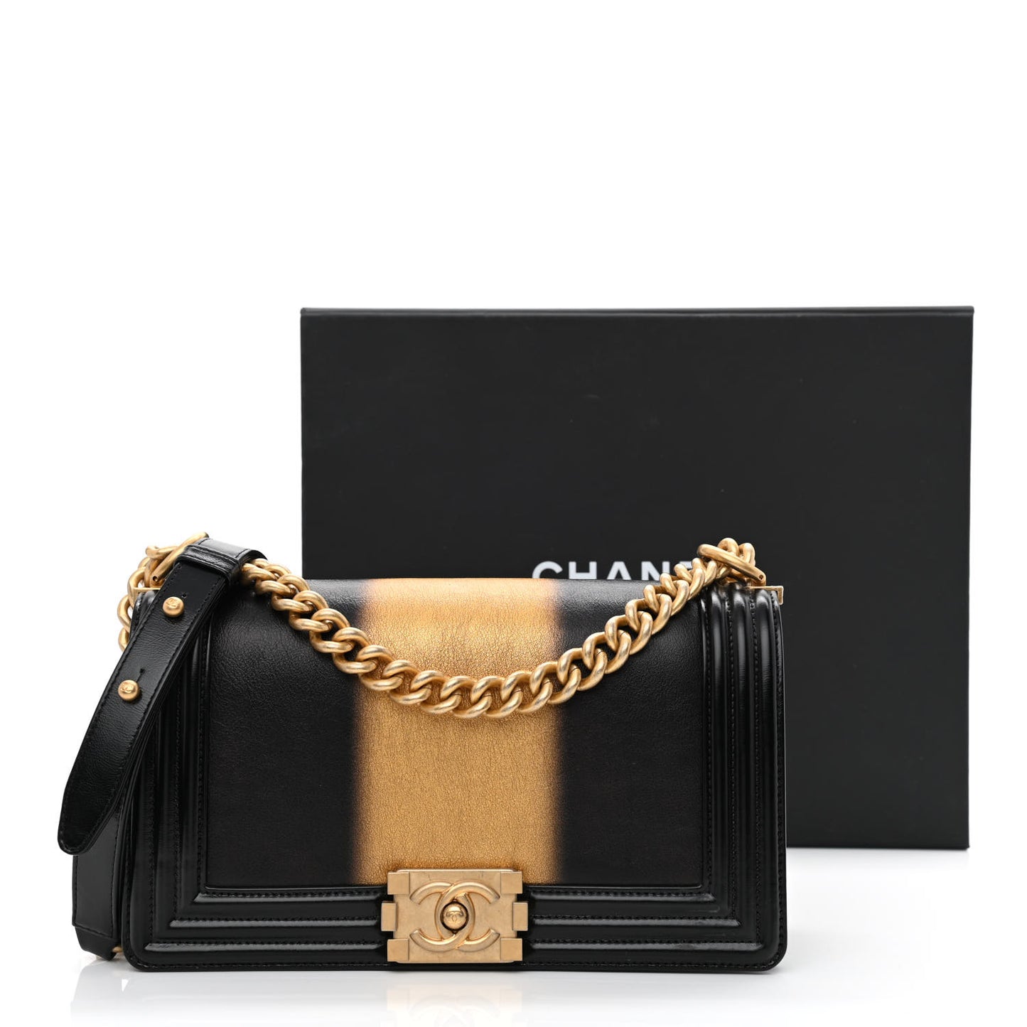Metallic Glazed Calfskin Medium Boy Flap Black Gold