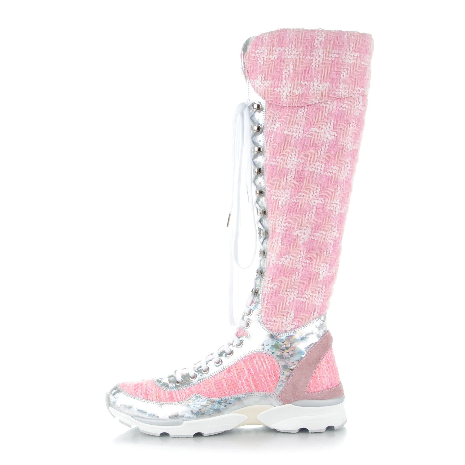 Chanel Tweed Suede Calfskin Sneaker High Boots 40 Pink 1 of 7