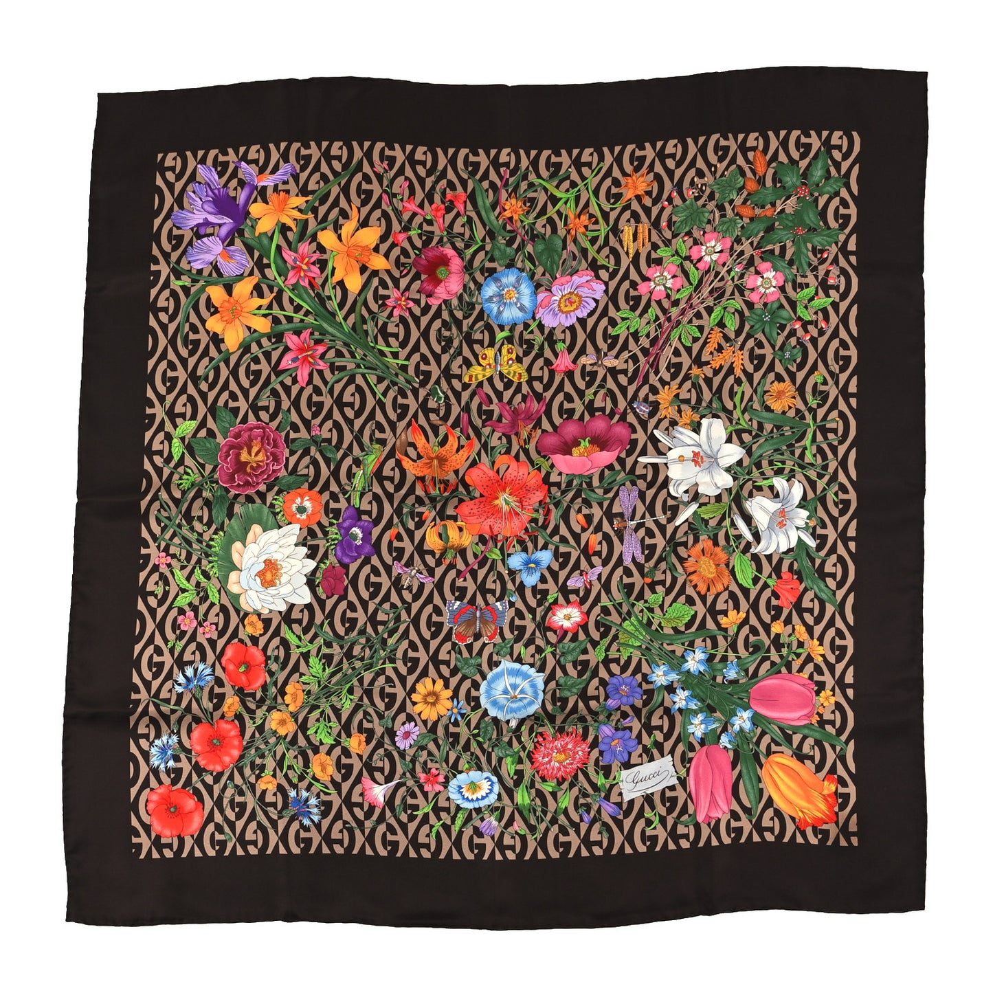 Silk Twill Floral Print Square Scarf Beige Dark Brown