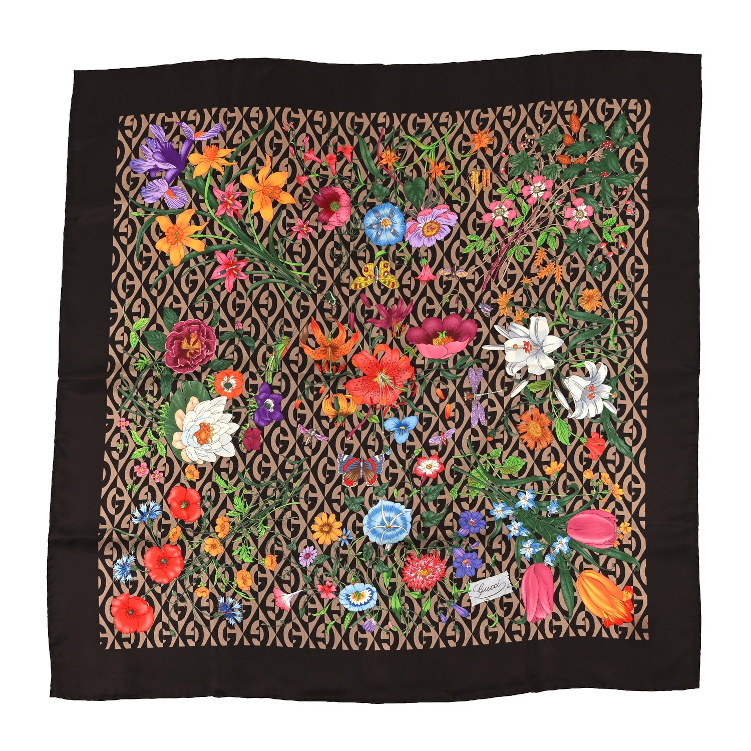 Gucci Silk Twill Floral Print Square Scarf Beige Dark Brown 1 of 4