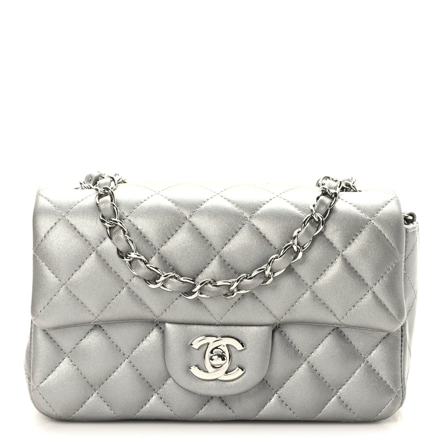 Metallic Lambskin Quilted Mini Rectangular Flap Silver