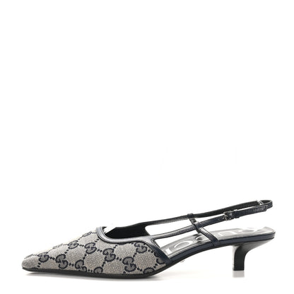Gucci GG Monogram Malaga Kid Square G 35mm Slingback Pumps 37 Beige Blue 1 of 9