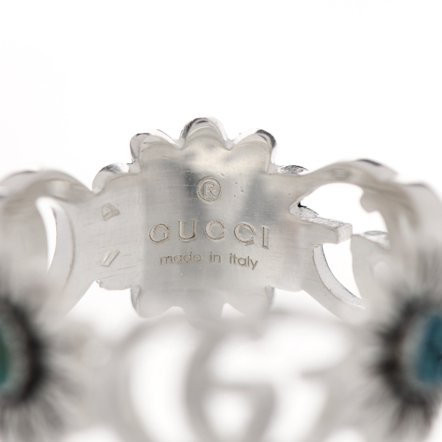 Gucci Sterling Silver Mother of Pearl Blue Topaz Flower Marmont Double G Ring 53 6.5 4 of 6