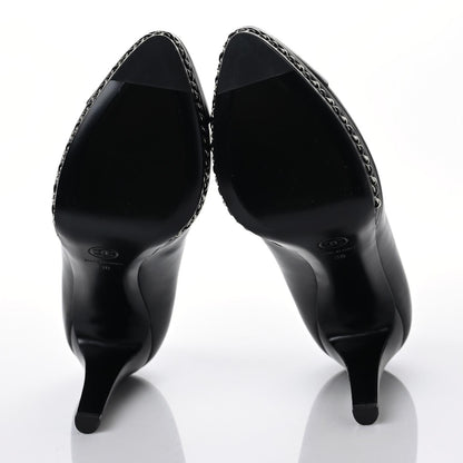 Chanel Calfskin Patent CC Cap Toe Platform Chain Pumps 38 Black 4 of 9