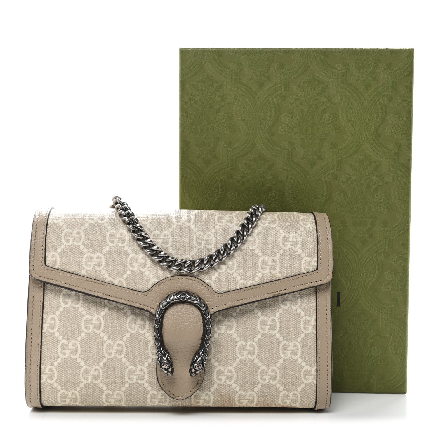 Gucci GG Supreme Monogram Textured Dollar Calfskin Mini Dionysus Chain Wallet Beige Mystic White Oatmeal 12 of 12