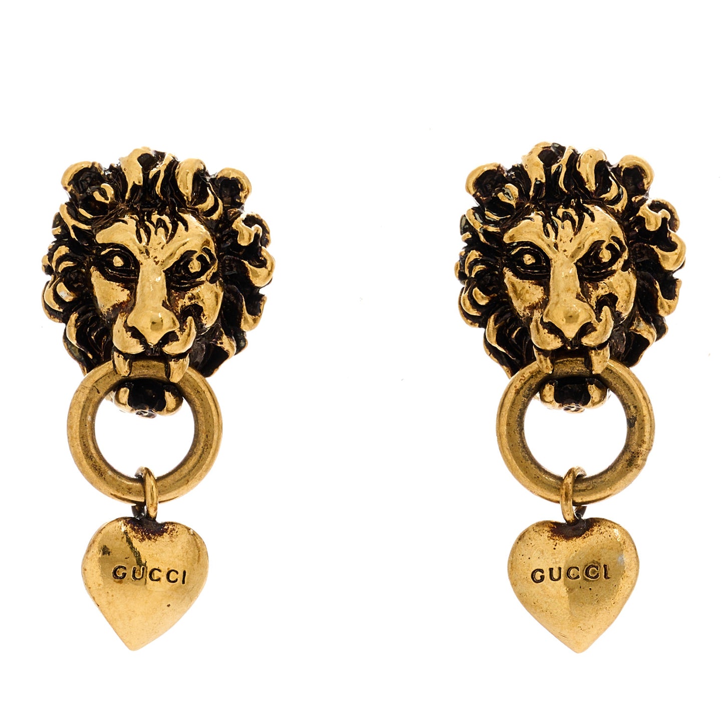 Metal Lion Head Heart Drop Earrings Aged Gold
