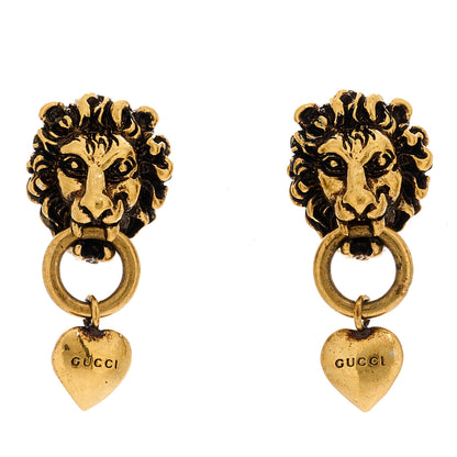 Gucci Metal Lion Head Heart Drop Earrings Aged Gold 1 of 4