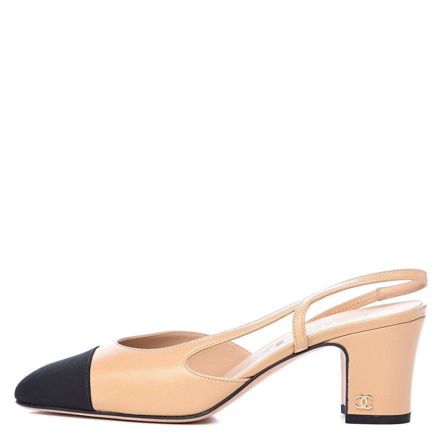 Goatskin Grosgrain Cap Toe CC Slingback Pumps 37 Beige Black