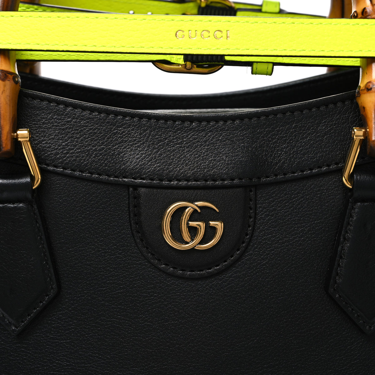 Calfskin Medium Diana Tote Bag Black Yellow Fluo