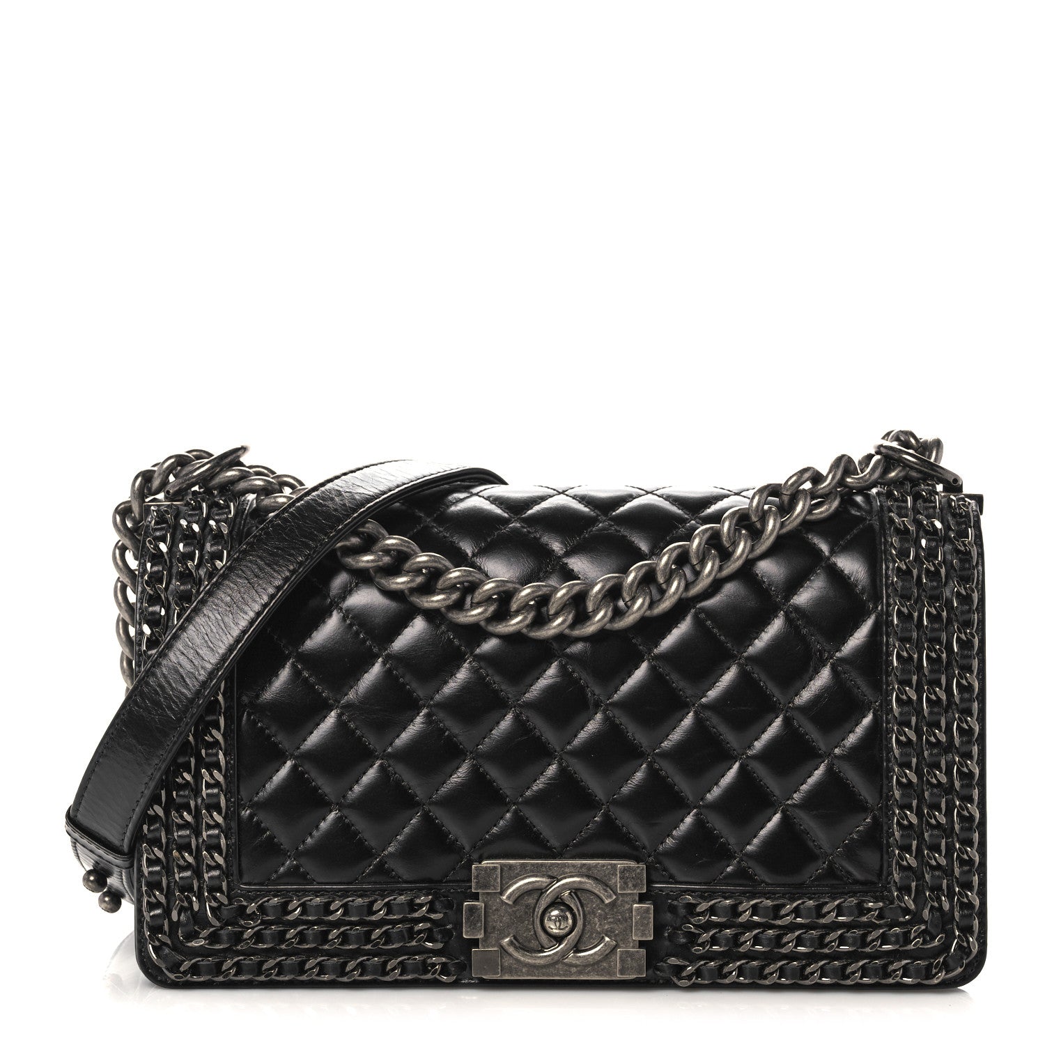 Chanel Glazed Calfskin Quilted Medium Boy Chained Flap Black 1 of 11