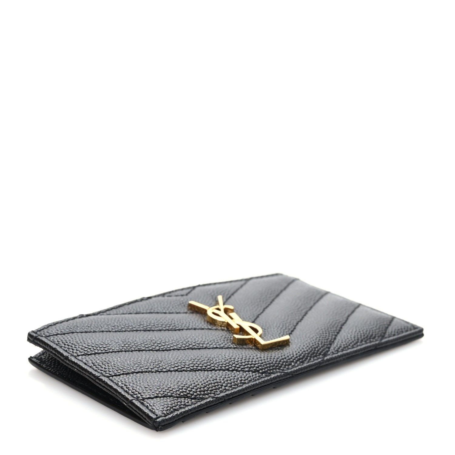Saint Laurent Grain De Poudre Matelasse Chevron Monogram Fragments Zippered Card Case Black 4 of 7