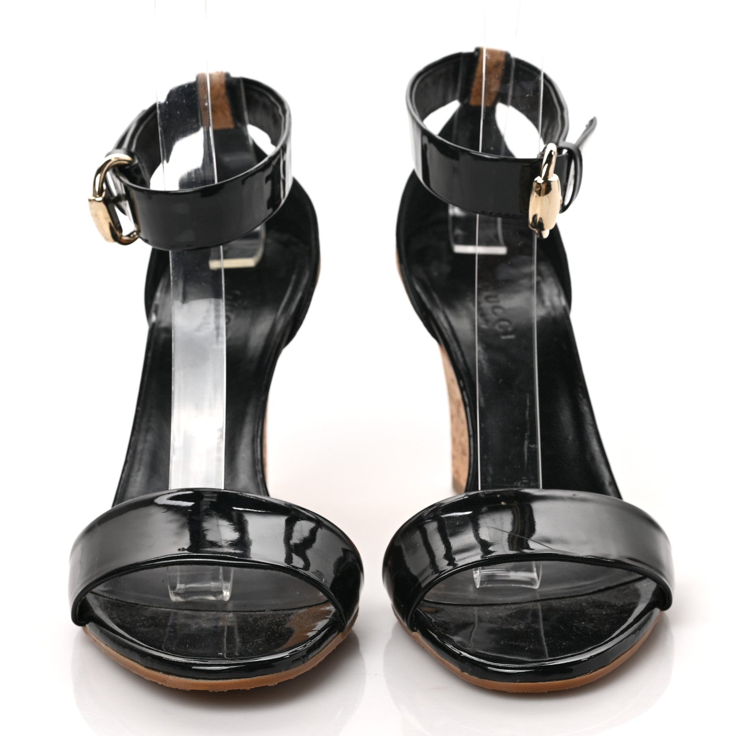 Gucci Vitello Vernice Cork Wedge Sandals 6.5 Black Naturale 2 of 9