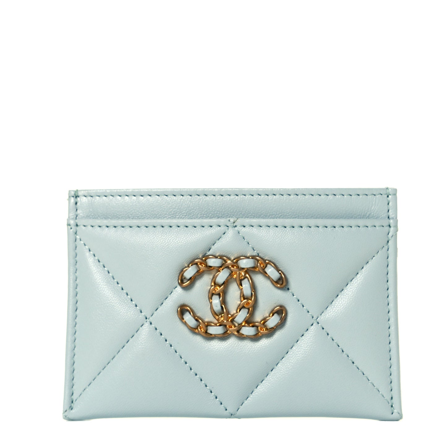 Lambskin Quilted Chanel 19 Card Holder Light Blue